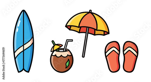 Vibrant collection beach essentials, including blue surfboard, tropical coconut drink with straw, colorful umbrella, and pair flipflops