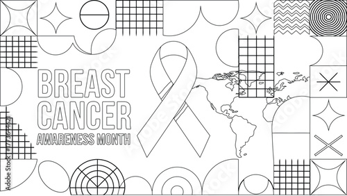 Breast Cancer Awareness Month with Ribbon, World Map and Geometric Shapes Line Art