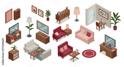 Modern isometric living room set with furniture and decor elements