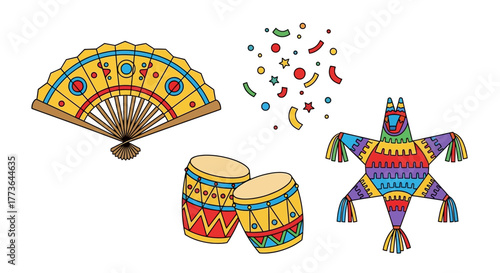 Traditional mexican celebration elements including colorful fan, drums, confetti, and starshaped piata