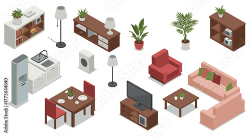 Modern isometric home interior with furniture and appliances