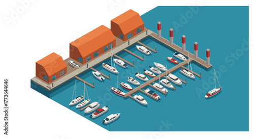 Isometric marina design featuring boats and piers in nautical setting