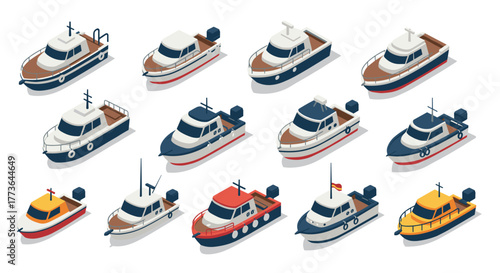 Collection of isometric motorboats in various designs and colors