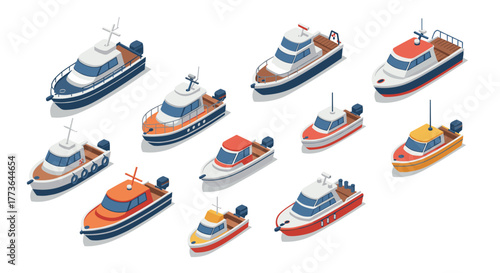 Colorful isometric boats collection with diverse designs and styles