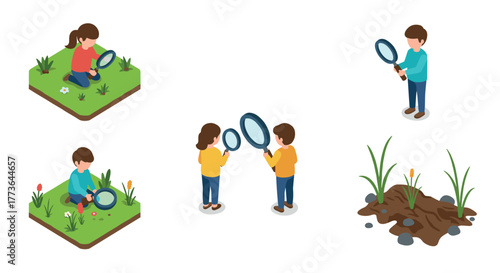 Children exploring nature with magnifying glasses in isometric style