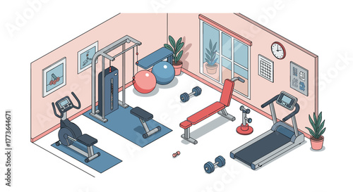 Modern home gym with exercise equipment in isometric style