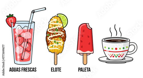 Collection popular mexican street foods and drinks, including aguas frescas, elote, paleta, and coffee, presented as colorful on