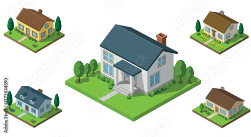 Isometric suburban homes collection with diverse colors and designs