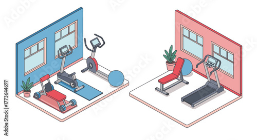 Modern home gym setup with isometric exercise equipment in separate rooms