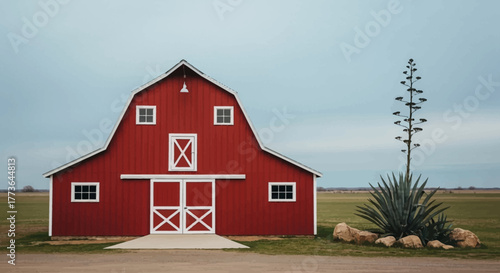 Classic red wooden barn with trim and double doors, set against wide, open field under cloudy sky, evoking sense rural americana and agricultural heritage