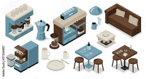 Isometric coffee shop elements with 3d furniture and kitchenware for modern cafe design