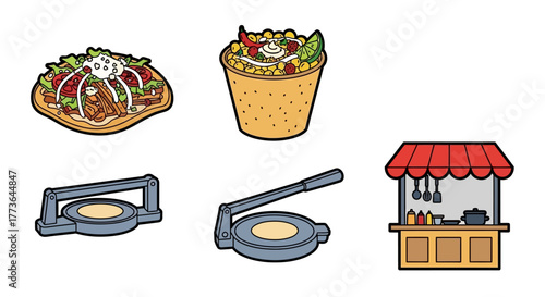 Set mexican food and cooking items, including tacos, burritos, tortilla presses, and food stall, isolated on