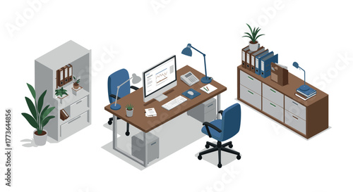 Modern isometric office workspace setup with desk, chairs, and shelves