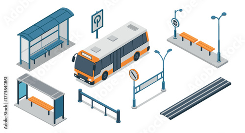 Isometric urban bus stop set with modern transport elements
