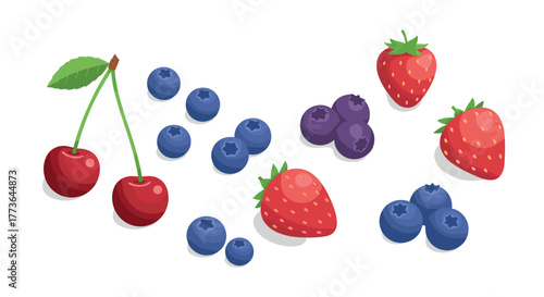 Fresh berry medley with cherries, strawberries, and blueberries in a clean, isometric style