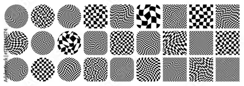 Groovy checkered pattern, colorful tiled grid. Vintage wavy curved backdrop, distortion effect. Funky geometric chessboard texture, retro background in 90s style, y2k. Vector illustration