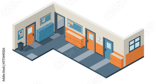 Isometric school hallway with lockers and doors in modern design