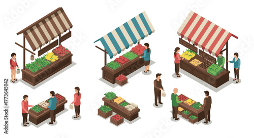 Isometric market stalls with fresh produce and people interacting