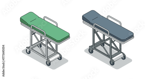 Isometric hospital gurneys: green and blue medical stretchers with wheels