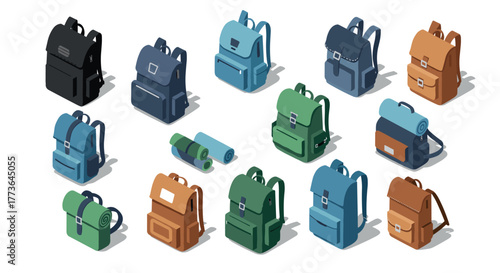 Isometric backpack collection with rolled sleeping mats in various colors