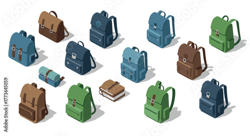 Isometric backpack collection featuring diverse designs and colors for outdoor adventures