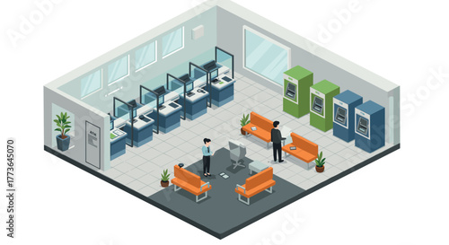 Modern isometric bank interior with atms and waiting area