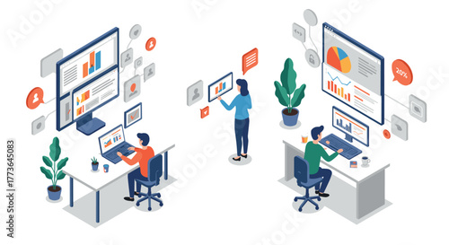 Modern office workspace with people engaged in data analysis and digital communication in isometric style