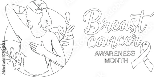Breast Cancer Awareness Month Line Art Woman Performing SelfExam with Pink Ribbon and Flowers