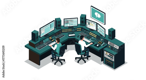 Isometric music studio with sound engineers at mixing console