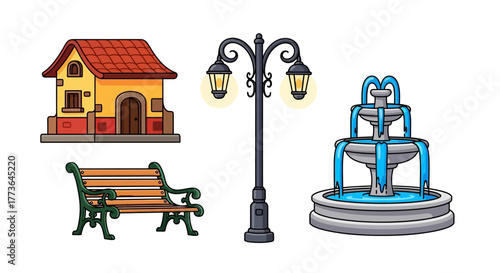 Collection cartoon elements for town square, including house, park bench, lamppost, and fountain