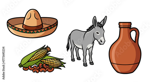 Assortment mexican cultural icons, featuring sombrero, donkey, corn, beans, and clay jug