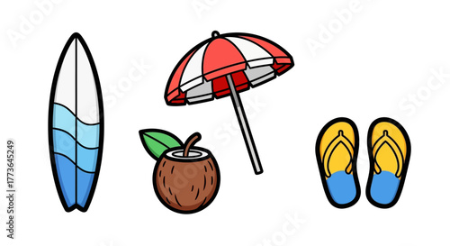 Collection summer beach icons including surfboard, beach umbrella, coconut drink, and flipflops
