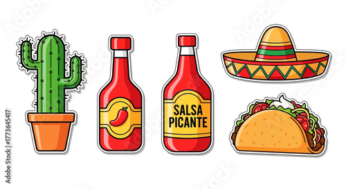 Collection mexican icons featuring cactus, hot sauce bottles, sombrero, and taco, isolated on