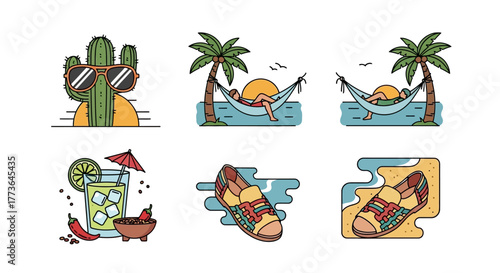 Tropical Summer Icons: A collection of vibrant icons, representing the essence of a tropical summer, including cactus with sunglasses, hammock scene, refreshing drink, and sandals.