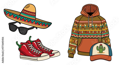 Collection mexicaninspired fashion items including sombrero, sunglasses, chili peppershaped sneakers, patterned hoodie, and baseball cap with cactus, isolated on