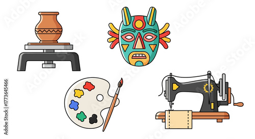 Collection artistic and craft items including pottery wheel with vase, tribal mask, painters palette, and sewing machine