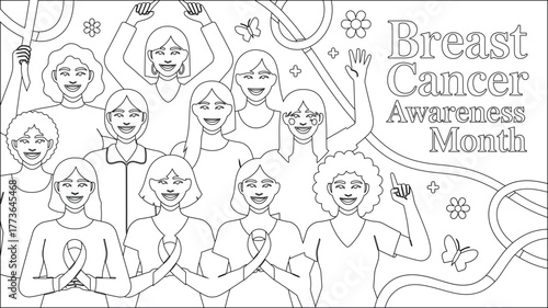 Breast Cancer Awareness Month Line Art Diverse Women Supporting Cause, Ribbons, Flowers and Butterflies