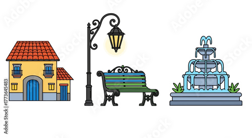 Set elements for town square, featuring house, lamppost with lantern, park bench, and water fountain