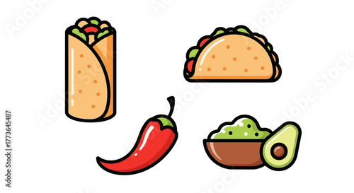 Assortment mexican food items, including burrito, taco, chili pepper, and guacamole with avocado