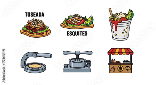 Collection mexican street food and preparation tools, including tostada, esquites, and street food cart