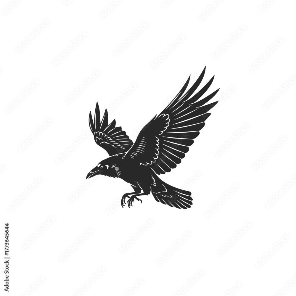 Naklejka premium Majestic Black Raven Bird Flying Graphic Illustration.