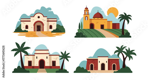 Set four distinct illustrations featuring traditional mexican architecture, including haciendas and churches, set against scenic landscapes with palm trees and mountains
