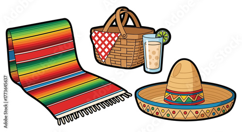 Colorful serape blanket, picnic basket with checkered cloth, glass beverage with lime, and sombrero, all isolated on