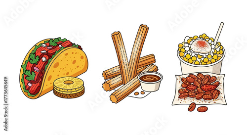 Selection popular mexican food items including taco, churros with dipping sauce, and cup elote with side frijoles, all isolated on