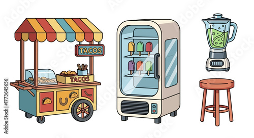 Taco stand, freezer with popsicles, blender, and stool, representing food service setup