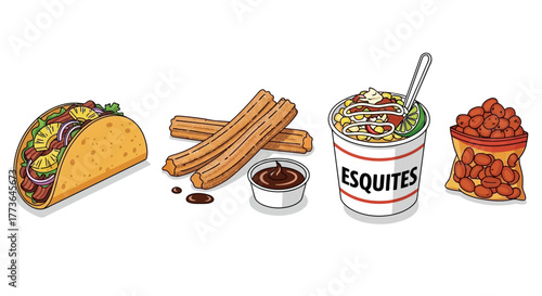 Assortment popular mexican street food including taco, churros with dipping sauce, esquites, and bag beans