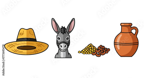 Collection cartoon illustrations depicting elements associated with rural life and farming, featuring straw hat, donkeys head, pile grains, and clay pot, isolated on, perfect for agricultural themes
