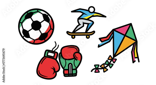 Assortment sports and leisure items including soccer ball, boxing gloves, skateboarder, and kite