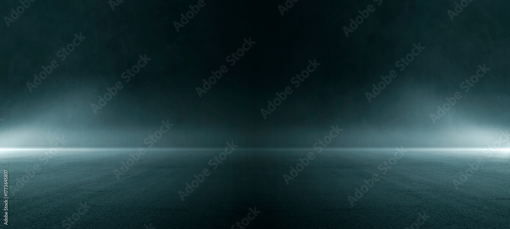 Fototapeta premium Halloween dark blue stage with fog glow neon spotlights, and smoky street floor studio. Abstract futuristic background for concert, product display, banner event design in spooky atmosphere.