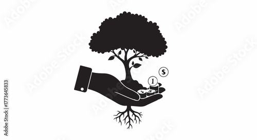 Hand nurturing a growing tree with coins, symbolizing financial growth and investment